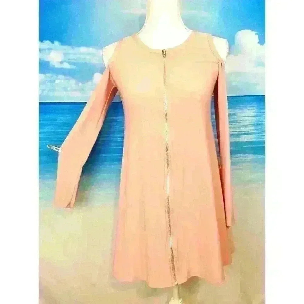 PINC Womans DUSTY PINK Tunic Dress COLD SHOULDER Full Zip front STRETCH shirt Sm
